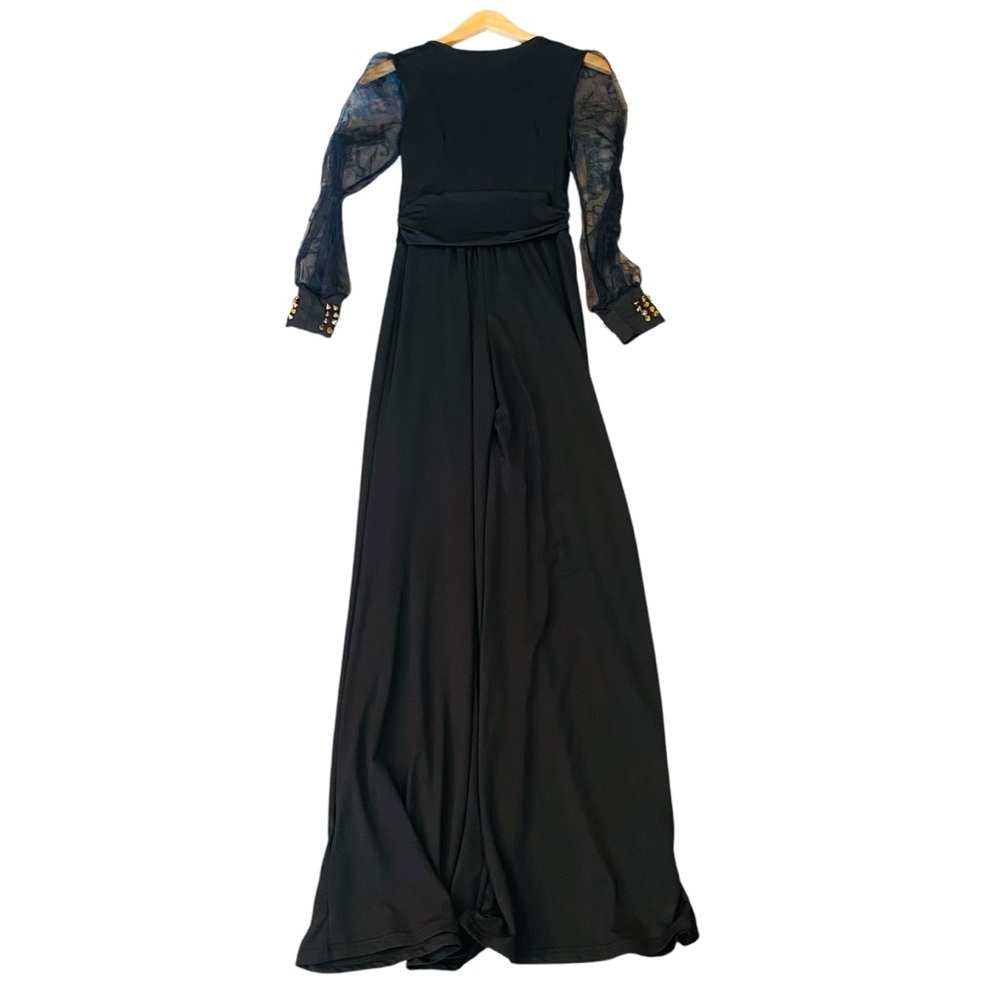 ⭐️ Black Long Sleeved Catsuit Jumpsuit With Sheer Sleeves and Studded Cuffs - Picture 3 of 8